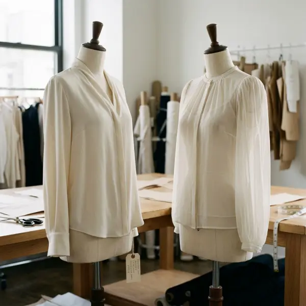 Crepe and chiffon blouse samples showing differences in opacity sleeve volume and fabric movement