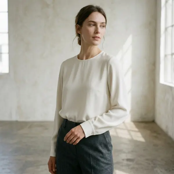 Crepe blouse showing fluid body drape and soft long sleeve construction