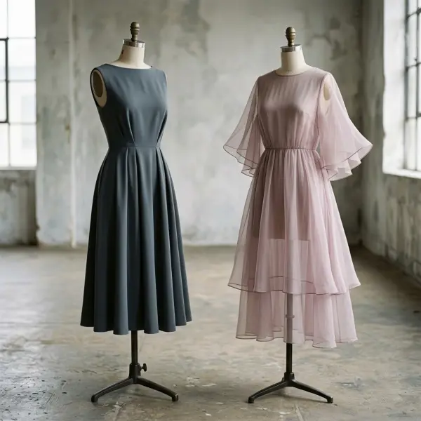 Finished crepe and chiffon dresses demonstrating differences in opacity structure and movement
