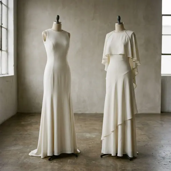 Two crepe dresses showing minimalist and embellished fashion applications