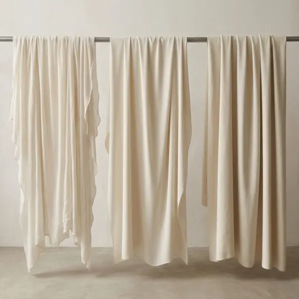 Different weights of crepe fabric displayed to compare fluid and structured drape