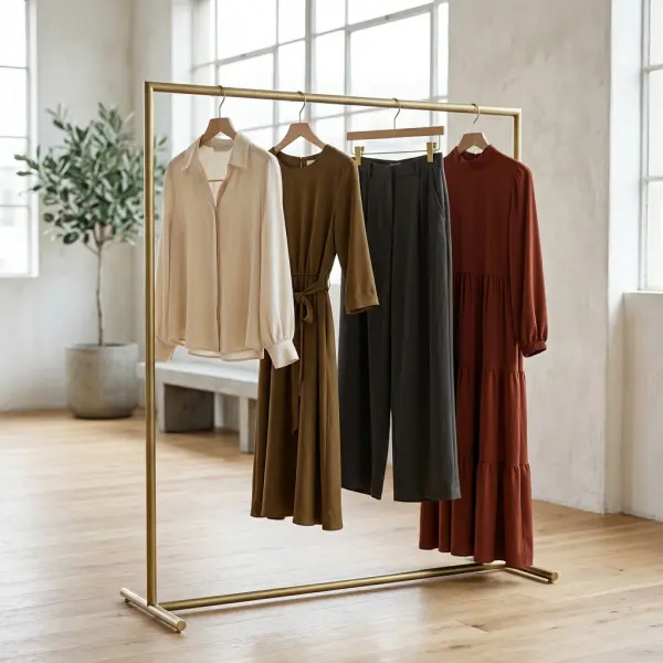 Fashion garments made from crepe fabric including blouse dress trousers and modest silhouette