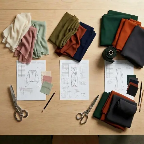 Fashion product development team comparing crepe fabrics for blouses dresses and modest wear
