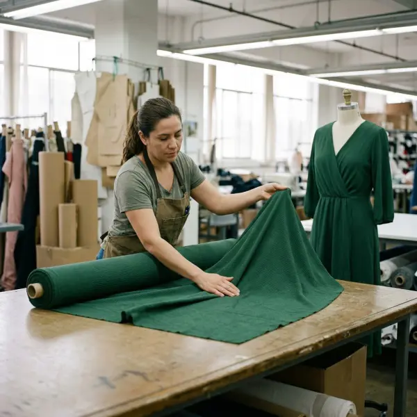 Apparel quality control specialist inspecting crepe fabric drape texture and surface consistency