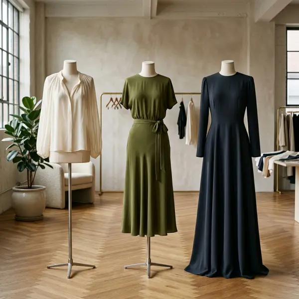Finished crepe blouse dress and modest garment developed from different fabric weights