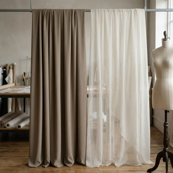 Dressmaking studio comparison of crepe and chiffon fabrics hanging to show different drape