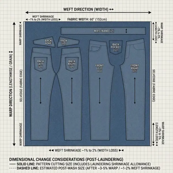 Pemeriksaan pola jeans terhadap arah panjang dan lebar kain denim