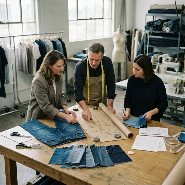 Tim apparel meninjau spesifikasi produksi jeans dan data kain denim