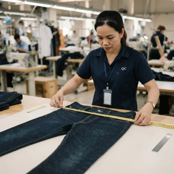 Quality control memeriksa ukuran jeans setelah proses produksi dan finishing