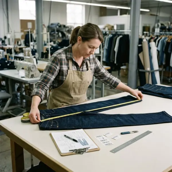 Pemeriksaan ukuran jeans menggunakan measurement specification pada proses quality control