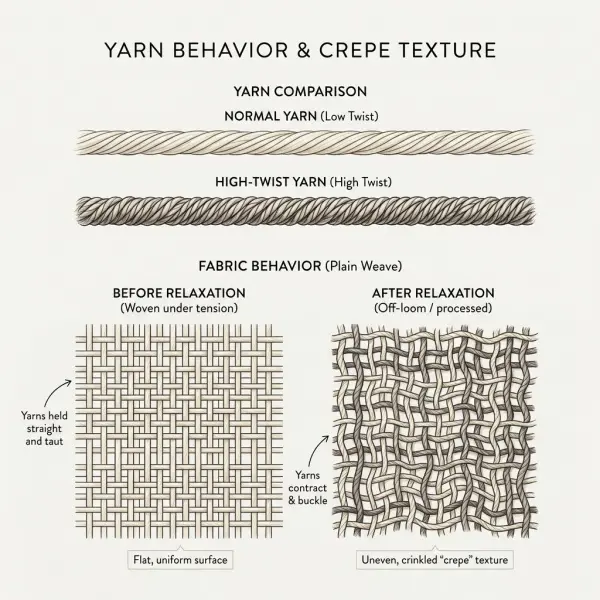 Diagram showing how high-twist yarn can create a crepe fabric surface