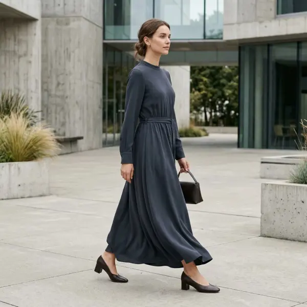 Long crepe dress showing controlled fluid movement while walking