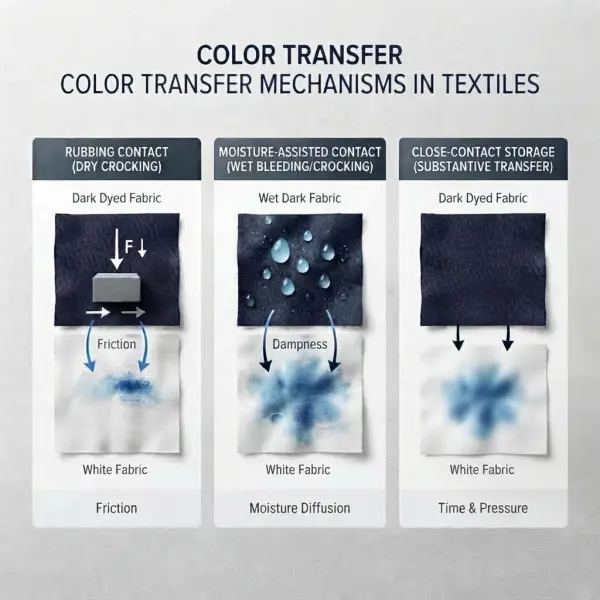 Ilustrasi mekanisme perpindahan warna pada tekstil melalui gesekan dan kontak