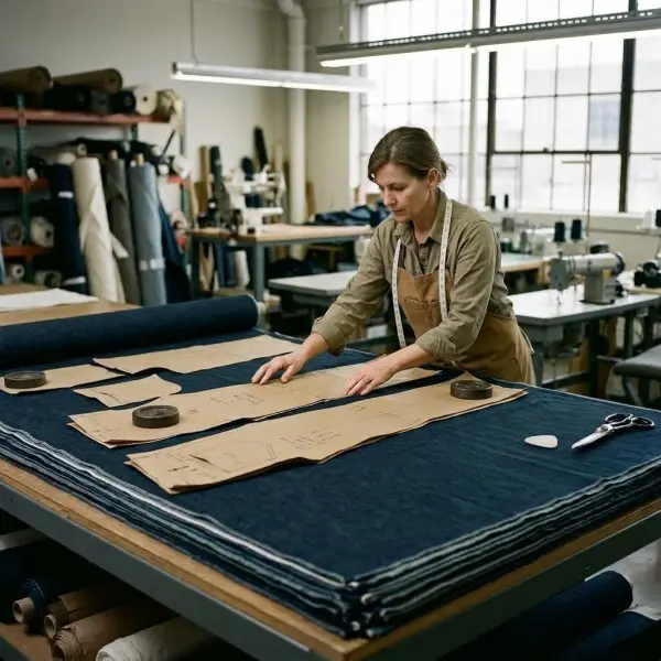 Proses cutting kain denim dengan pola jeans di meja produksi