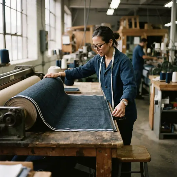 Kain Sanforized denim diperiksa untuk melihat stabilitas dimensi sebelum digunakan dalam produksi jeans