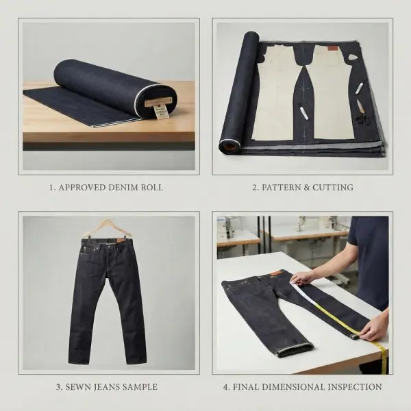 Alur pengembangan produk jeans dari kain Sanforized hingga pemeriksaan ukuran akhir