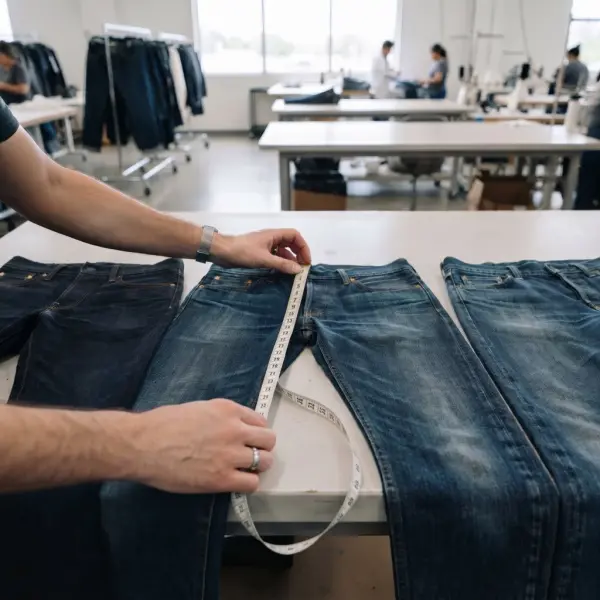Beberapa jeans dengan ukuran berbeda diperiksa untuk menjaga konsistensi dimensi produk