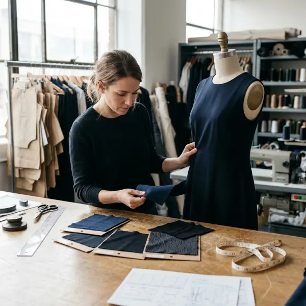 Fashion product developer comparing crepe fabric swatches with a dress sample