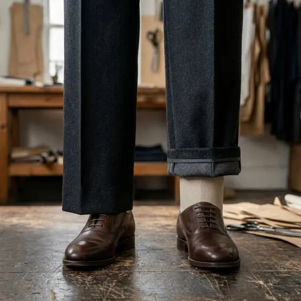 Close-up of tailored wool trousers with a professionally sewn blind hem and nearly invisible exterior stitching