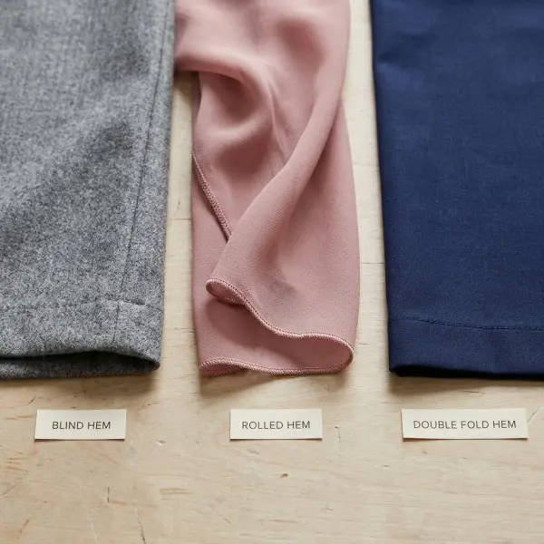 Side-by-side close-up comparison of blind hem, rolled hem, and double fold hem on garment fabrics