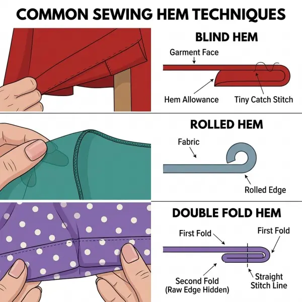 Technical cross-section diagrams explaining blind hem, rolled hem, and double fold hem construction