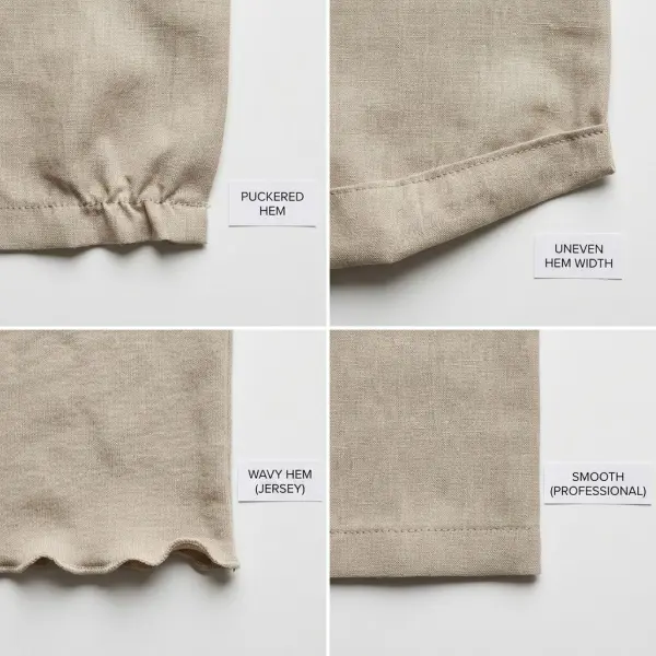 Comparison of garment hems showing puckering, uneven stitching, wavy edges, and a clean finished hem