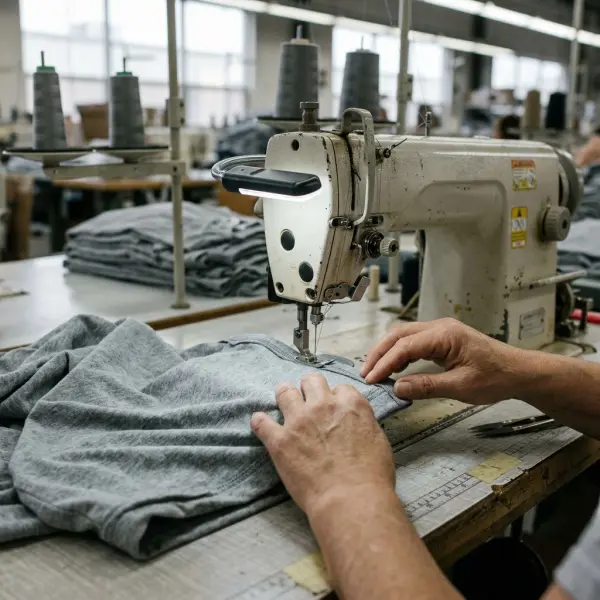 Industrial coverstitch sewing machine producing a finished hem on a cotton jersey T-shirt