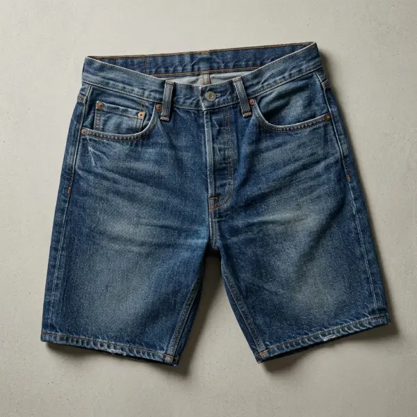 Detail denim shorts pria dengan tekstur denim dan hasil wash yang terlihat jelas
