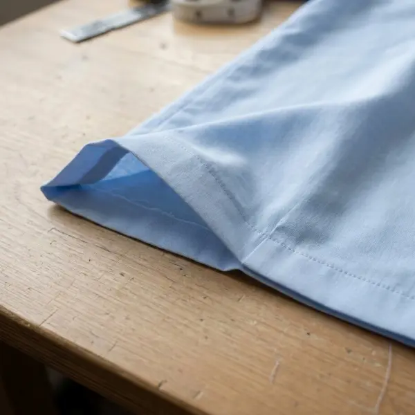 Detailed view of a double fold hem on cotton poplin with enclosed raw edge and straight stitching