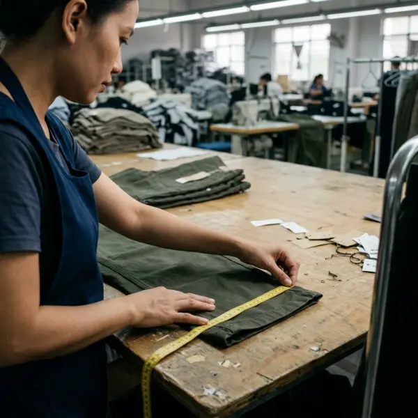 Garment quality inspector measuring hem width and checking stitch consistency on finished apparel