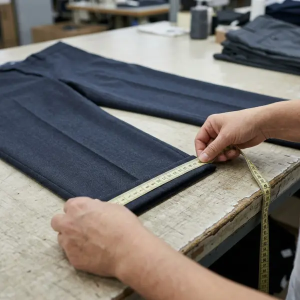 Apparel quality inspector checking hem width and stitching consistency on finished trousers