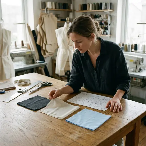 Fashion product developer reviewing blind hem, rolled hem, and double fold hem fabric samples