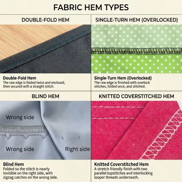 Technical comparison of double-fold, single-turn, blind, and coverstitched garment hems