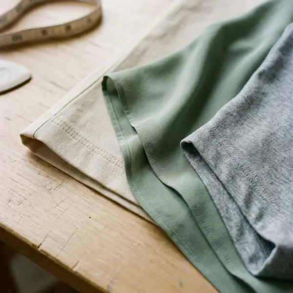 Close-up of neatly finished garment hems on different fabrics showing professional sewing quality