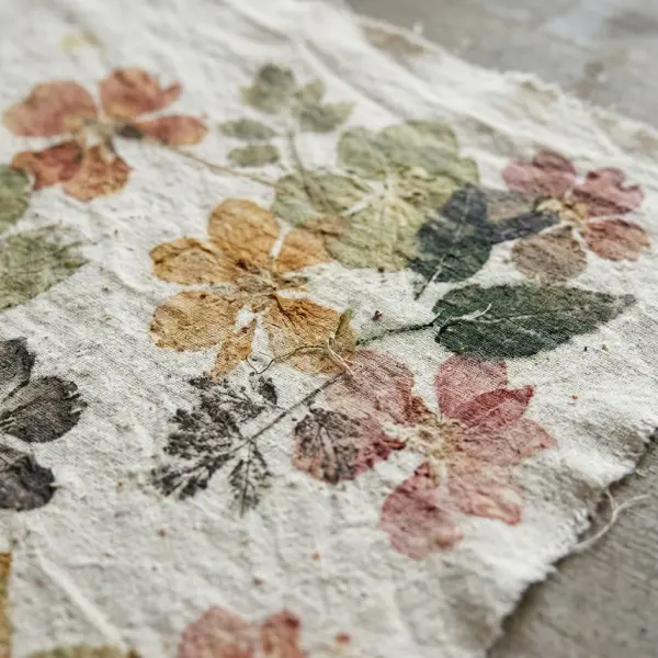 Detail motif kelopak bunga hasil ecoprint pada permukaan kain berwarna natural