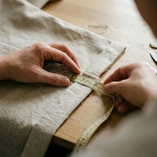 Garment worker accurately measuring and folding a hem allowance before sewing