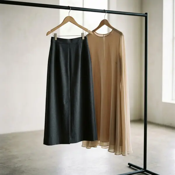 Finished contemporary garments showing clean hem construction and consistent professional apparel finishing