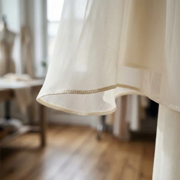 Delicate rolled hem on flowing chiffon dress fabric showing a narrow clean garment edge