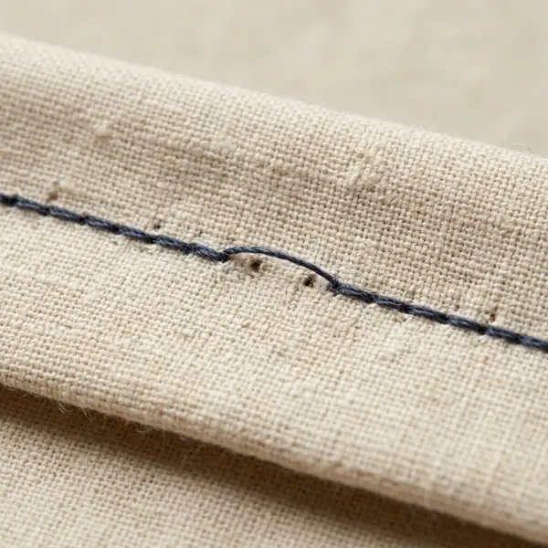 Magnified close-up of skipped sewing stitches on a garment hem beside properly formed stitches