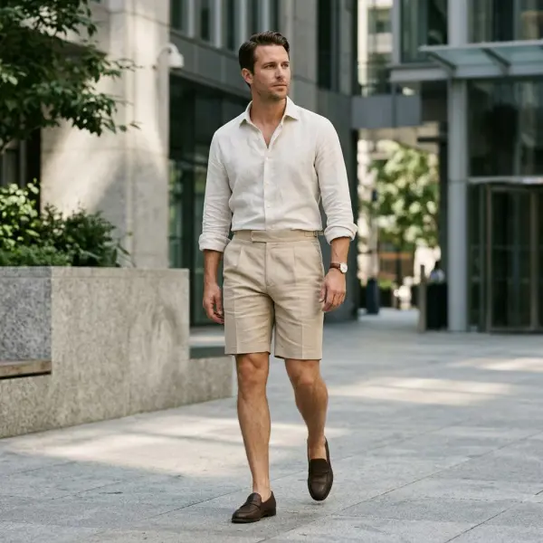 Tailored shorts pria dengan siluet rapi dan konstruksi menyerupai celana tailoring