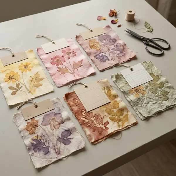 Swatch kain berisi hasil uji beberapa bunga untuk ecoprint