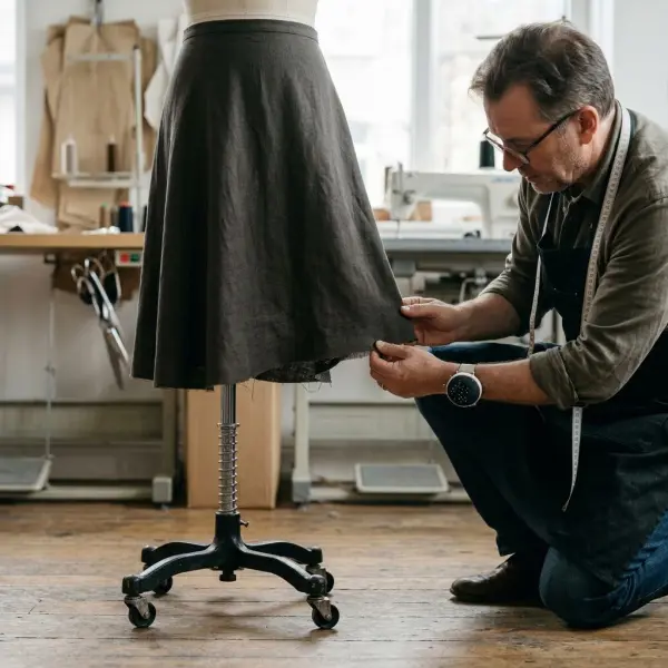 Dressmaking professional checking an uneven skirt hemline on a dress form