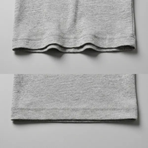 Close-up comparison of a wavy stretched jersey T-shirt hem and a smooth coverstitched hem