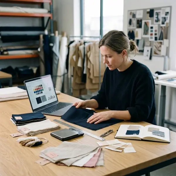 Textile specialist reviewing fabric measurements and digital material records alongside physical fabric samples