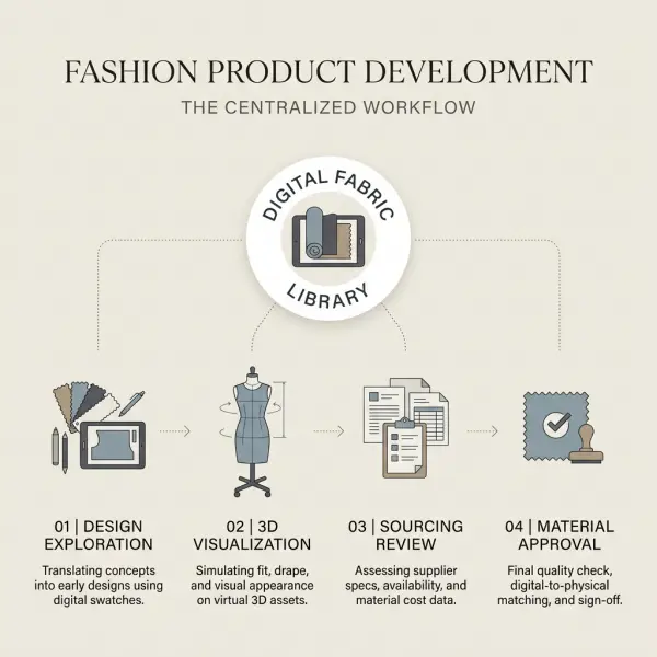 Workflow diagram showing how a shared digital fabric library connects fashion design, 3D visualization, sourcing and material approval