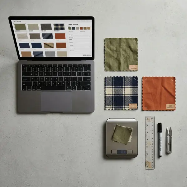 Organized fabric digitization setup with physical textile swatches, laptop material catalog and measuring tools