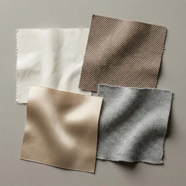 Close-up comparison of physical cotton, twill, satin and knit fabric swatches showing different textile surface textures