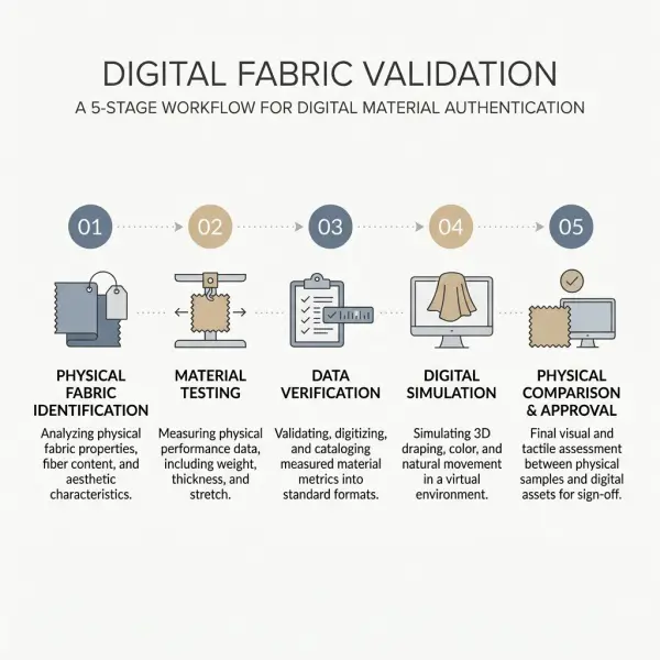 Fabric data validation workflow connecting physical material identification, testing, digital simulation and approval