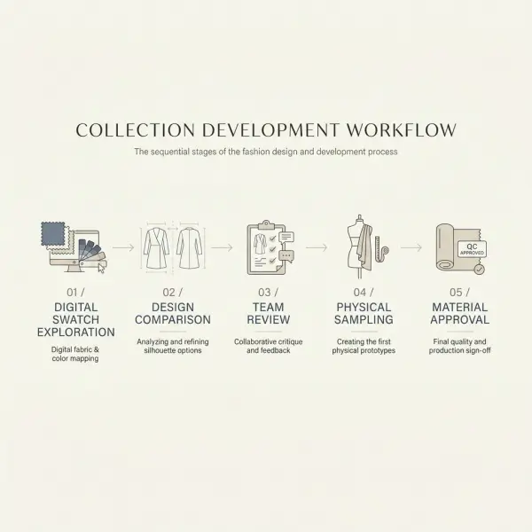 Simple workflow showing digital fabric swatch exploration, design review, supplier verification, physical sampling and approval