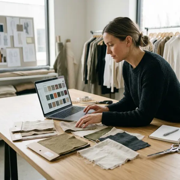 Fashion designer reviewing a digital fabric library on a laptop beside organized physical textile swatches